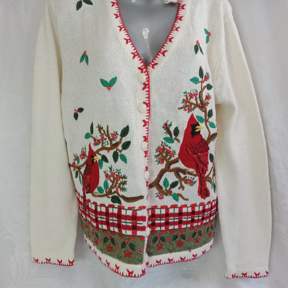 NWT White Stag L Cardinal Embroidered Embellished White Knit Cardigan 12/14 Vtg - Picture 4 of 15